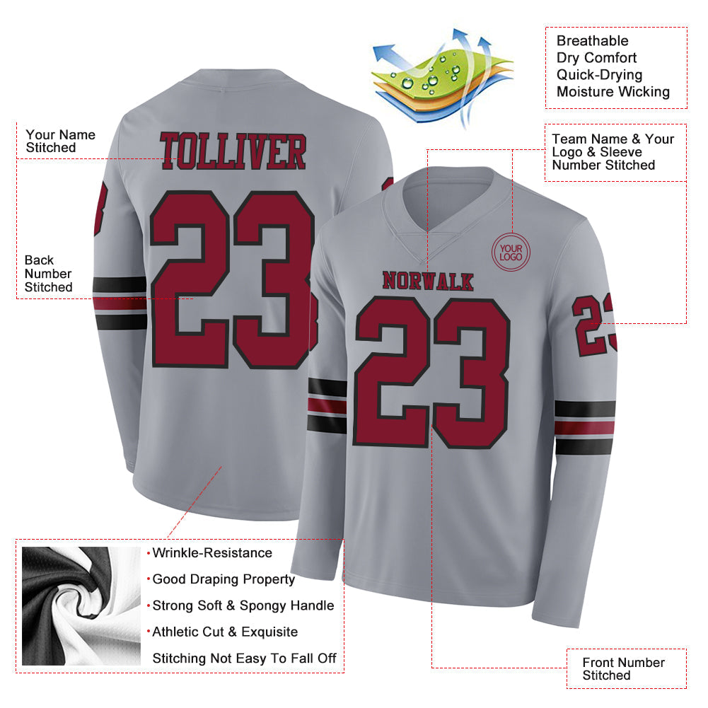 Custom Gray Crimson-Black Long Sleeve Authentic Football Jersey view 2