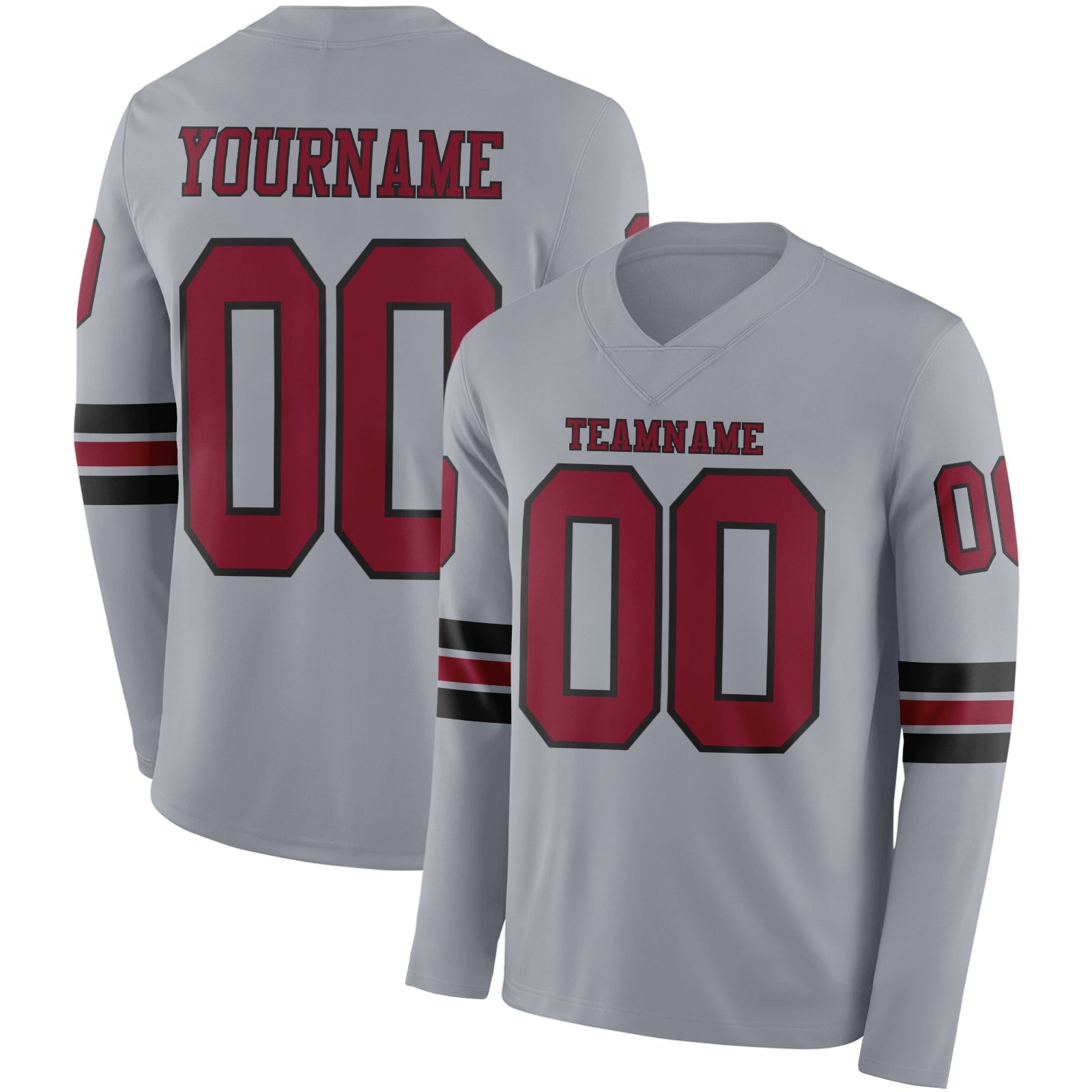 Custom Gray Crimson-Black Long Sleeve Authentic Football Jersey - Main View