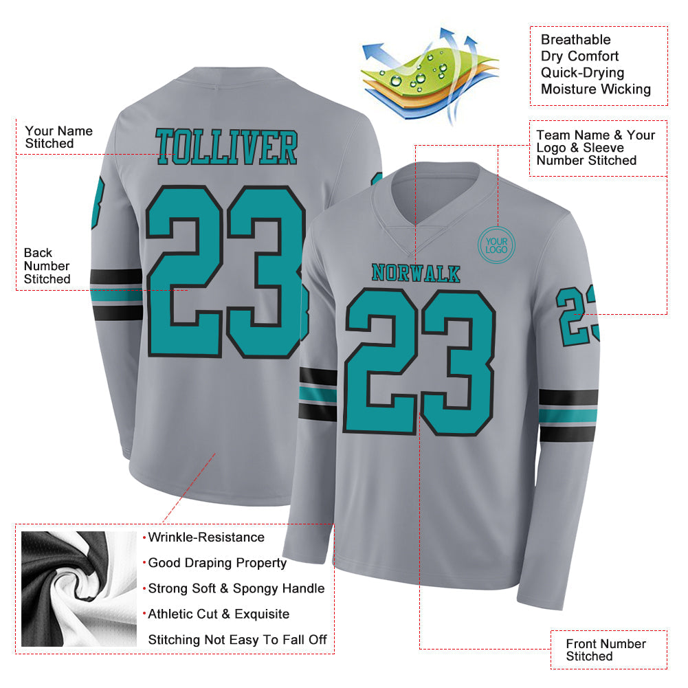 Custom Gray Teal-Black Long Sleeve Authentic Football Jersey view 2