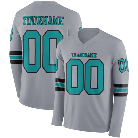Custom Gray Teal-Black Long Sleeve Authentic Football Jersey - Main View