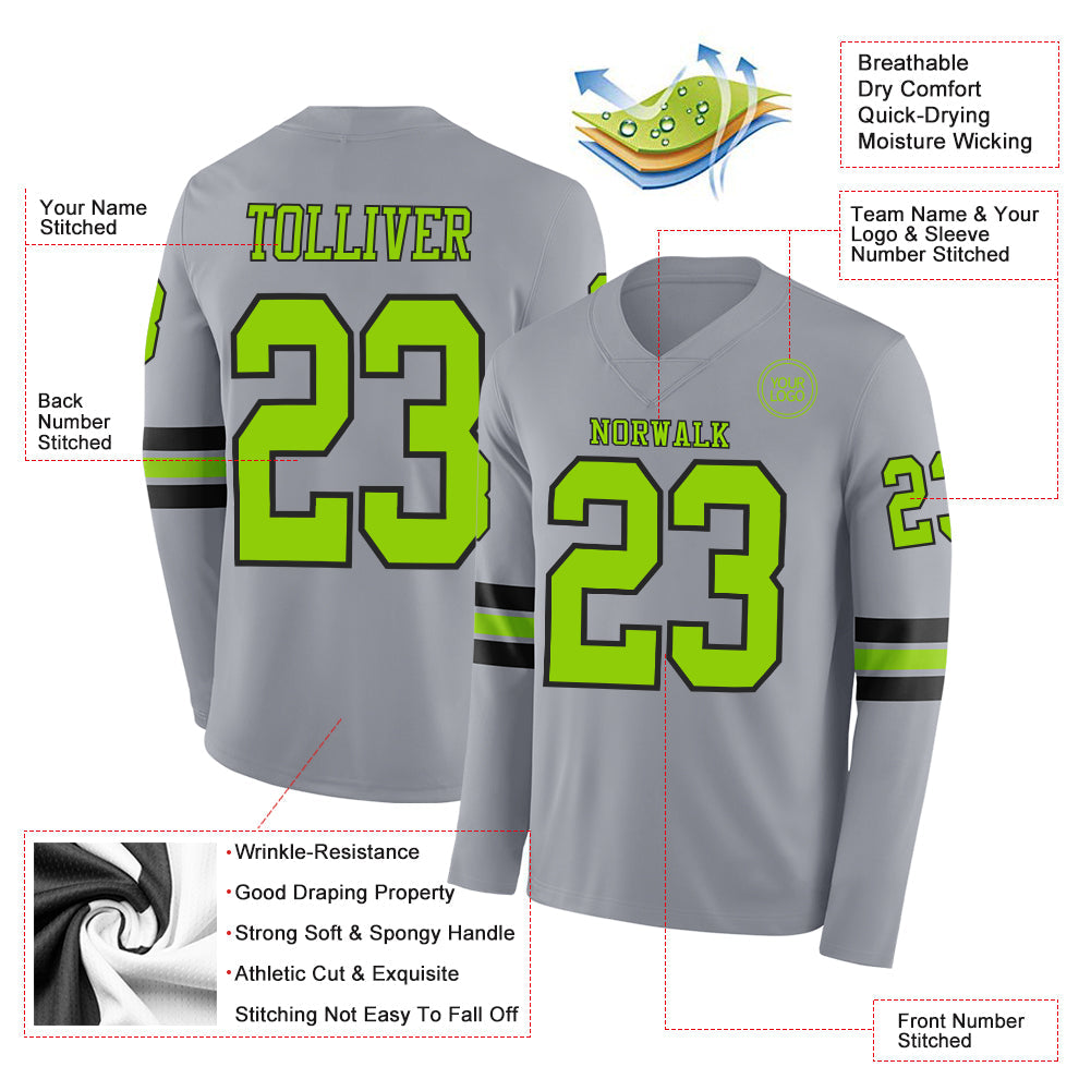 Custom Gray Neon Green-Black Long Sleeve Authentic Football Jersey view 2