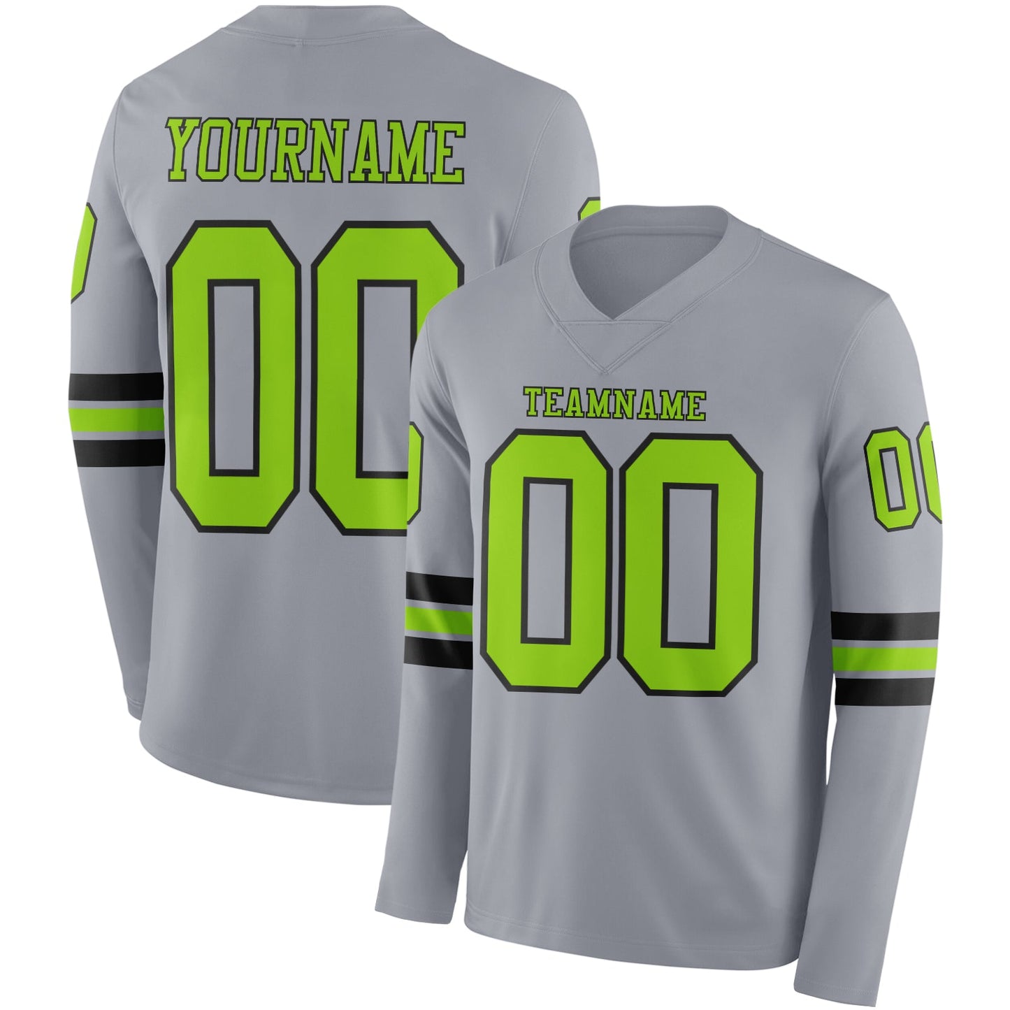 Custom Gray Neon Green-Black Long Sleeve Authentic Football Jersey - Main View