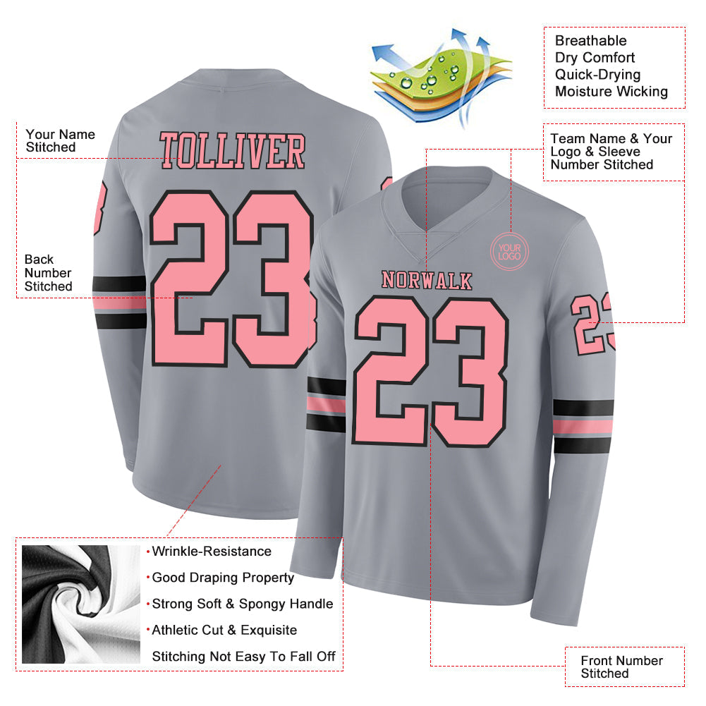 Custom Gray Medium Pink-Black Long Sleeve Authentic Football Jersey view 2
