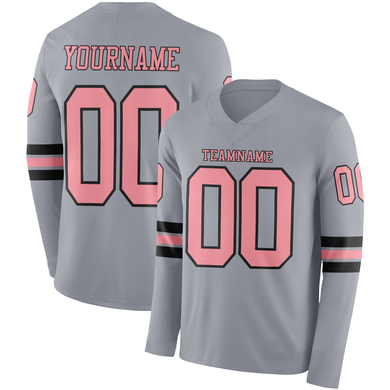 Custom Gray Medium Pink-Black Long Sleeve Authentic Football Jersey - Main View