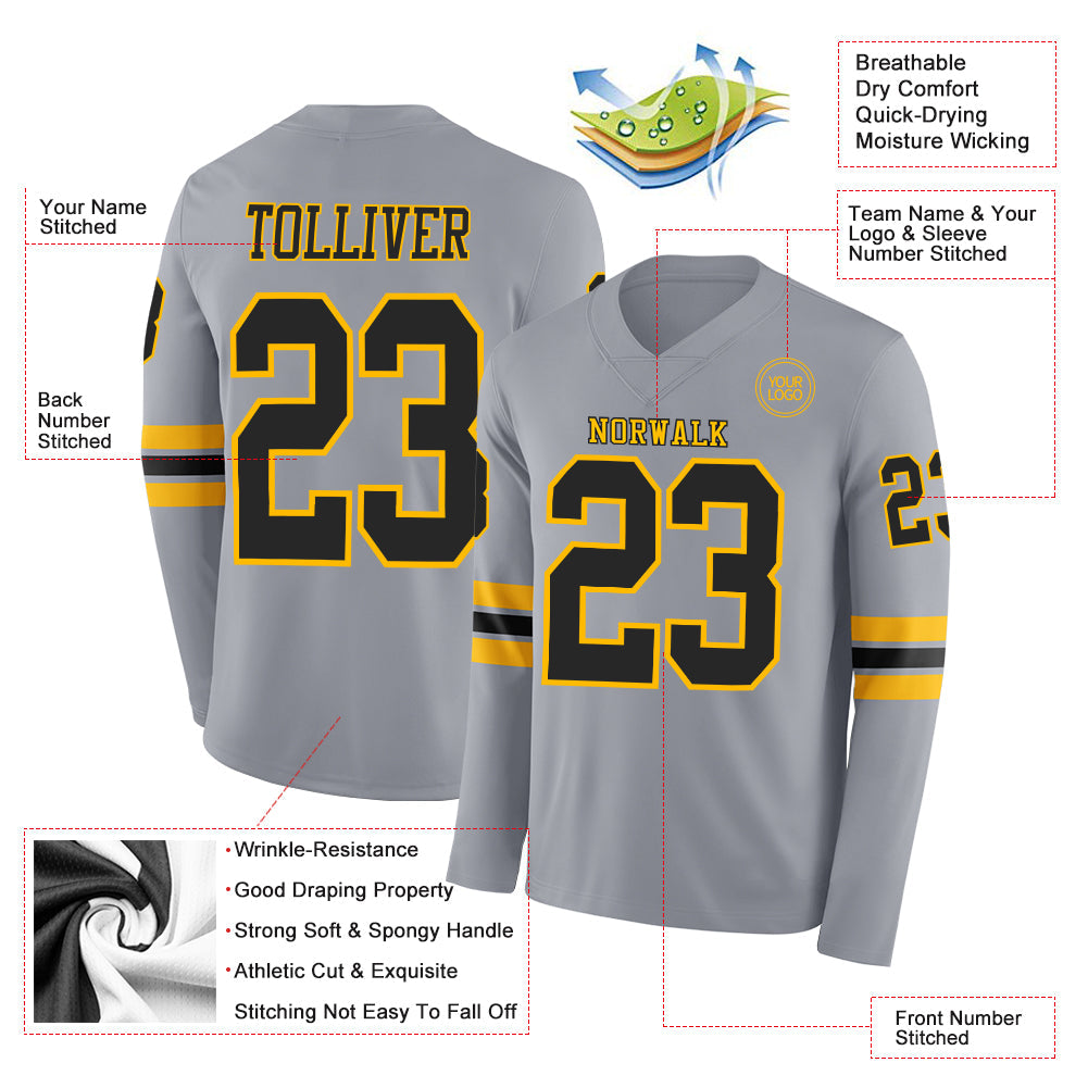 Custom Gray Black-Gold Long Sleeve Authentic Football Jersey view 2