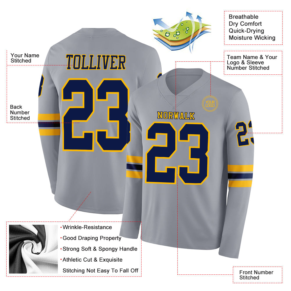 Custom Gray Navy-Gold Long Sleeve Authentic Football Jersey view 2