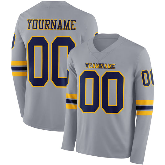 Custom Gray Navy-Gold Long Sleeve Authentic Football Jersey - Main View