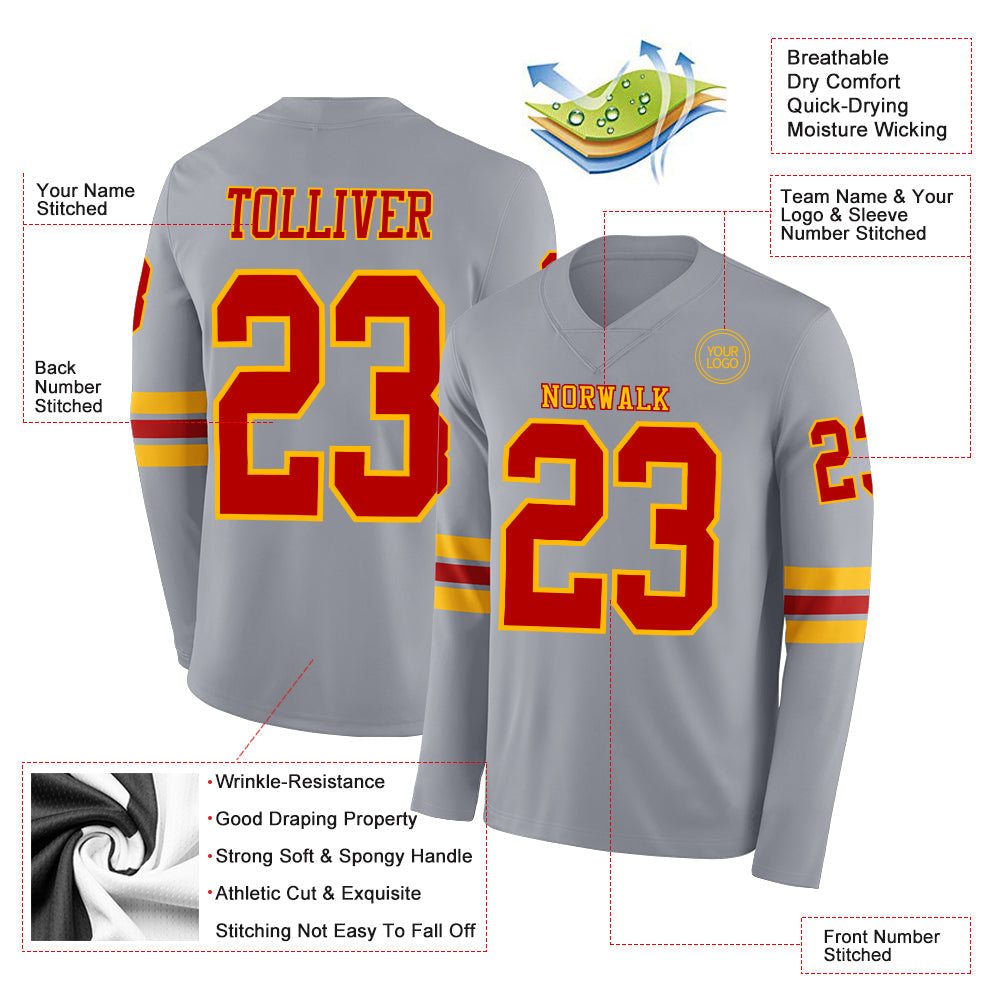 Custom Gray Red-Gold Long Sleeve Authentic Football Jersey view 2