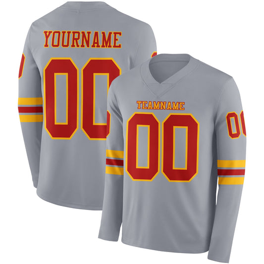 Custom Gray Red-Gold Long Sleeve Authentic Football Jersey - Main View