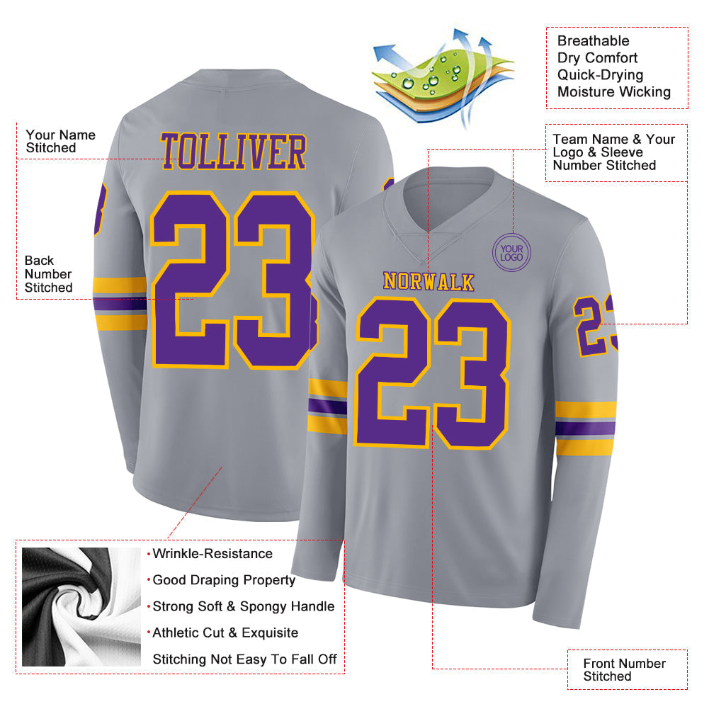 Custom Gray Purple-Gold Long Sleeve Authentic Football Jersey view 2
