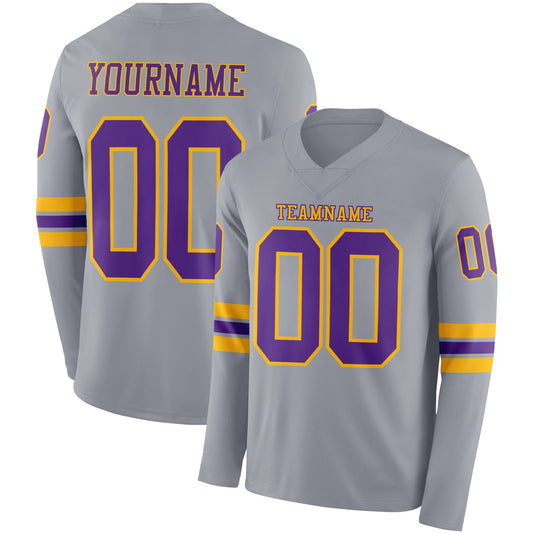 Custom Gray Purple-Gold Long Sleeve Authentic Football Jersey - Main View
