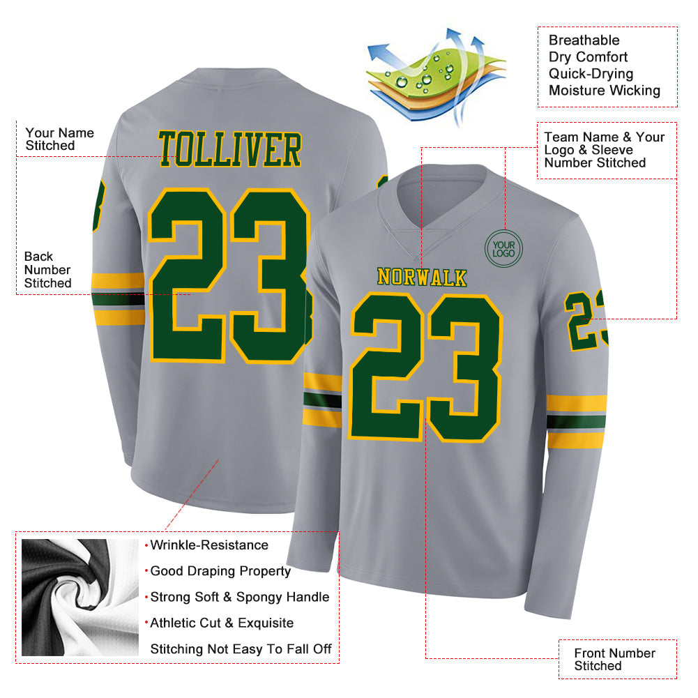 Custom Gray Green-Gold Long Sleeve Authentic Football Jersey view 2