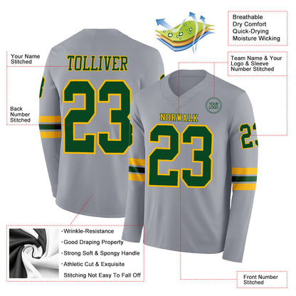 Custom Gray Green-Gold Long Sleeve Authentic Football Jersey view 2