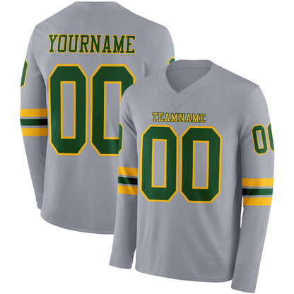 Custom Gray Green-Gold Long Sleeve Authentic Football Jersey - Main View