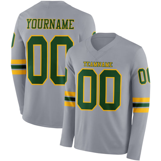 Custom Gray Green-Gold Long Sleeve Authentic Football Jersey - Main View