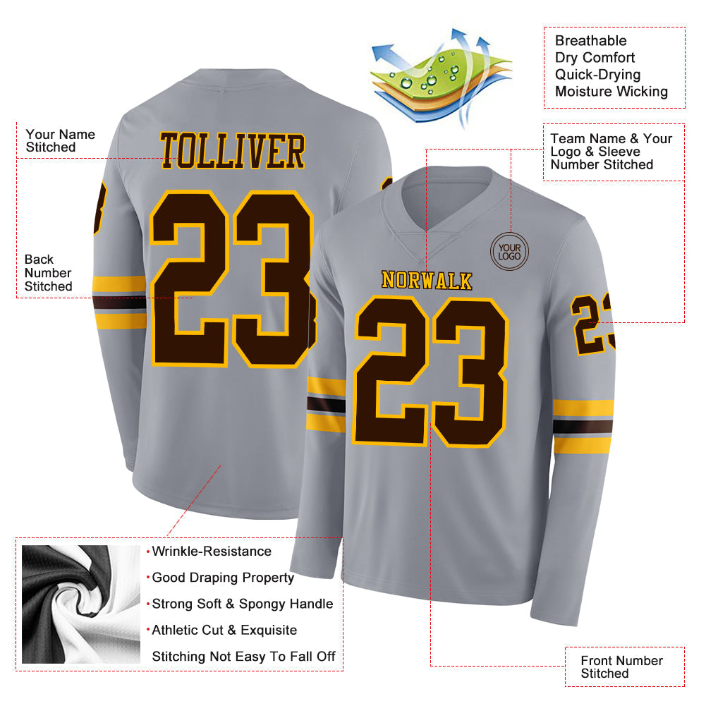 Custom Gray Brown-Gold Long Sleeve Authentic Football Jersey view 2