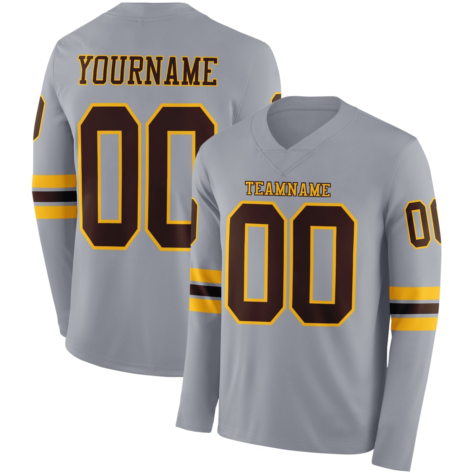 Custom Gray Brown-Gold Long Sleeve Authentic Football Jersey - Main View