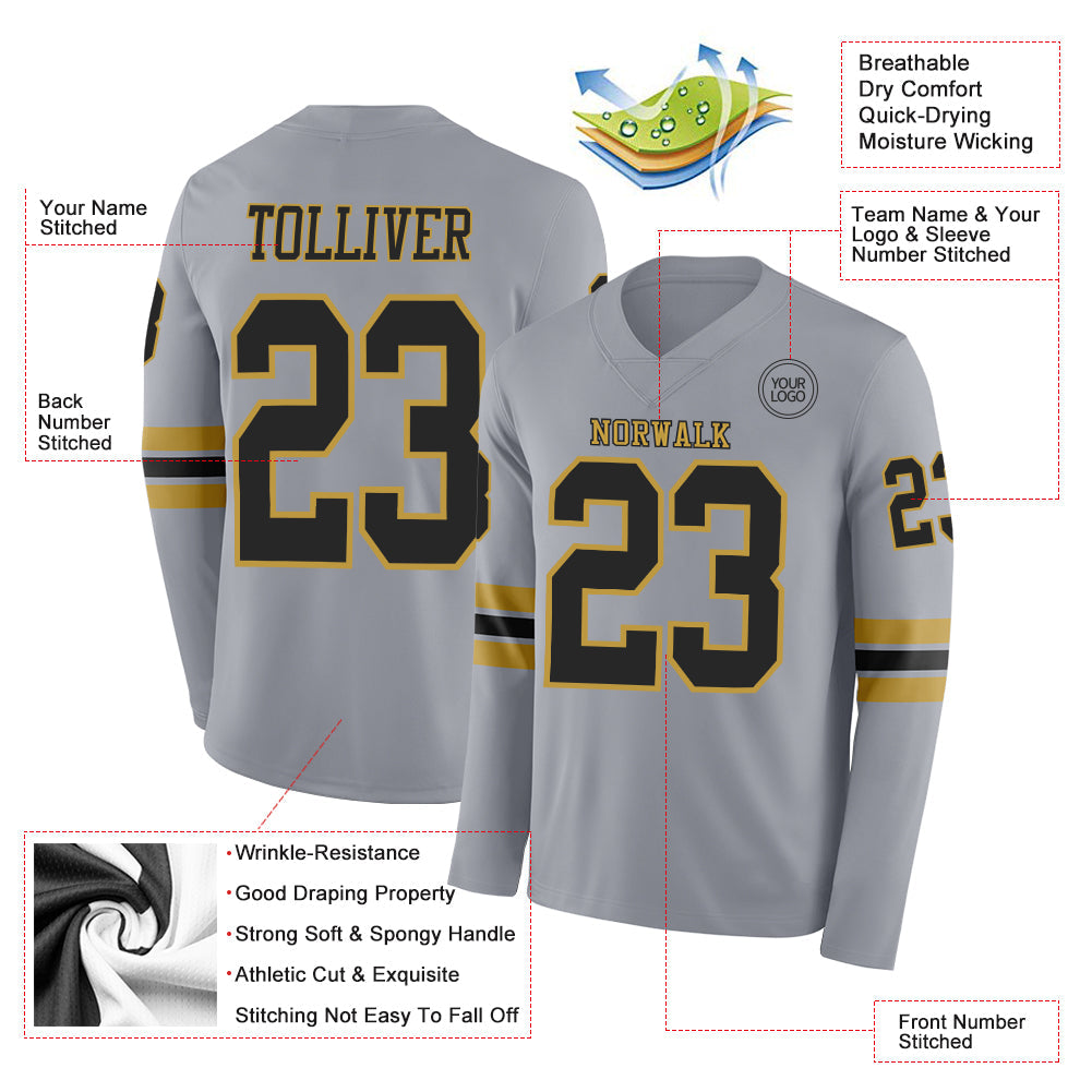 Custom Gray Black-Old Gold Long Sleeve Authentic Football Jersey view 2