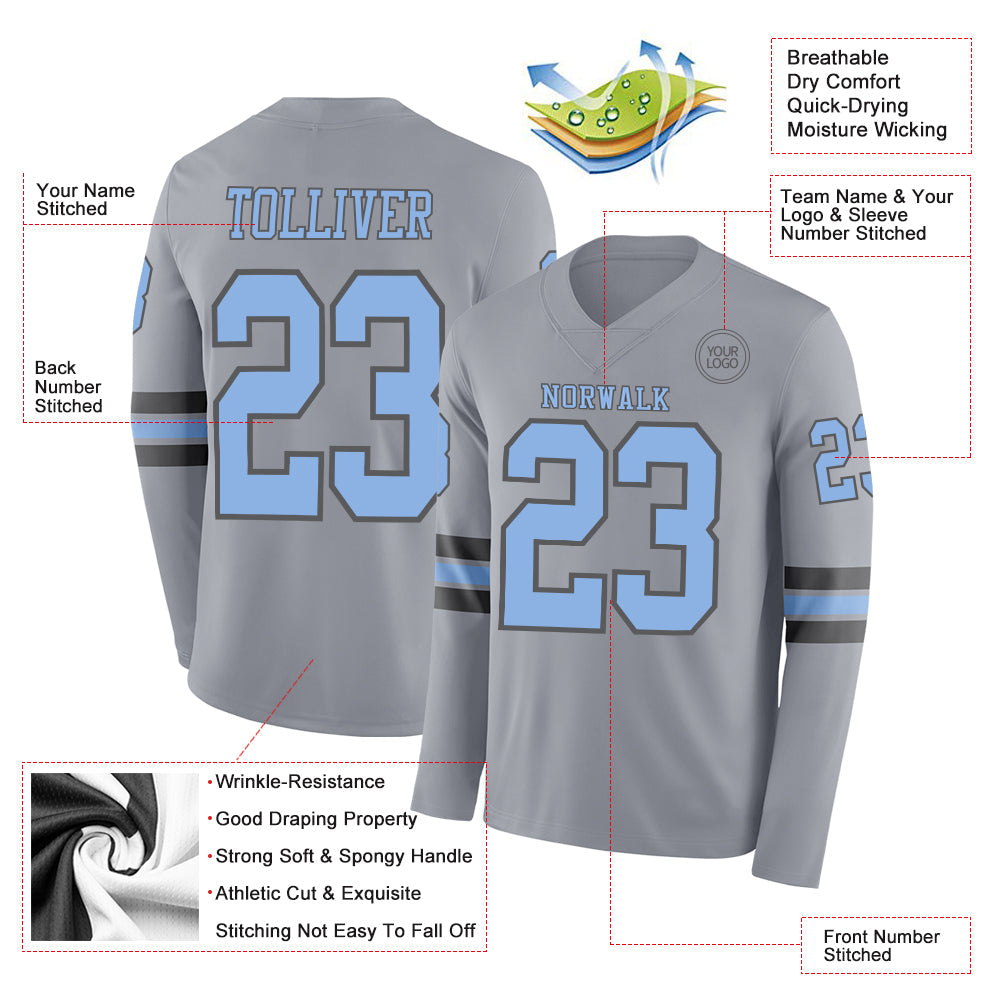 Custom Gray Light Blue-Steel Gray Long Sleeve Authentic Football Jersey view 2