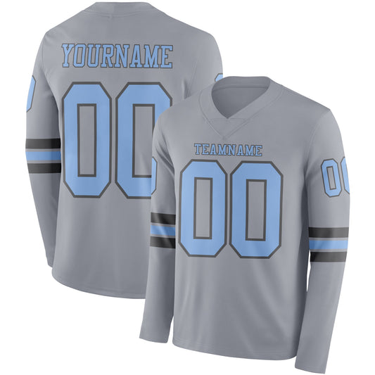 Custom Gray Light Blue-Steel Gray Long Sleeve Authentic Football Jersey - Main View