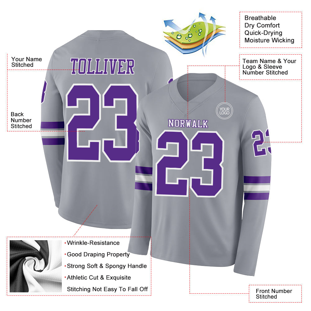 Custom Gray Purple-White Long Sleeve Authentic Football Jersey view 2