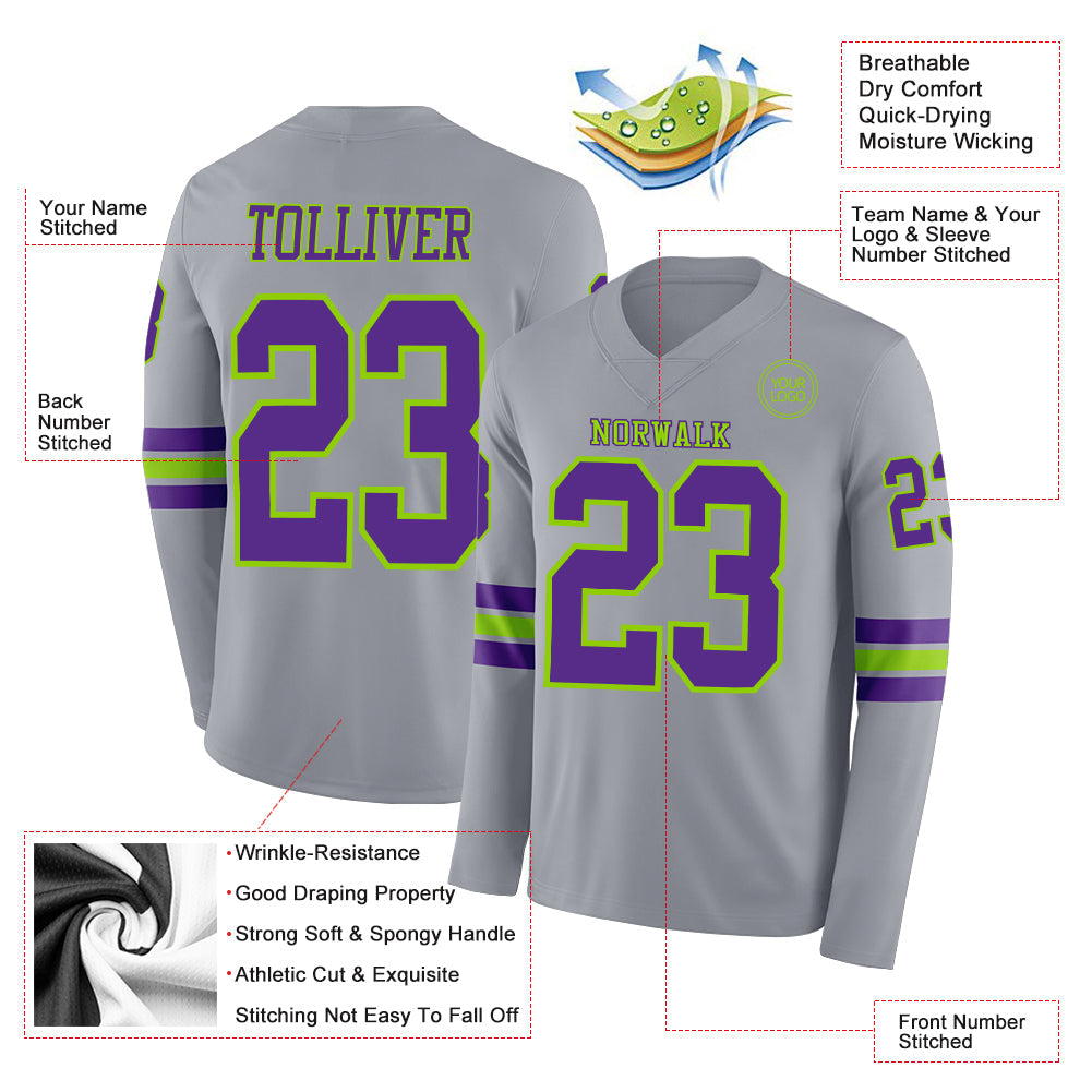 Custom Gray Purple-Neon Green Long Sleeve Authentic Football Jersey view 2