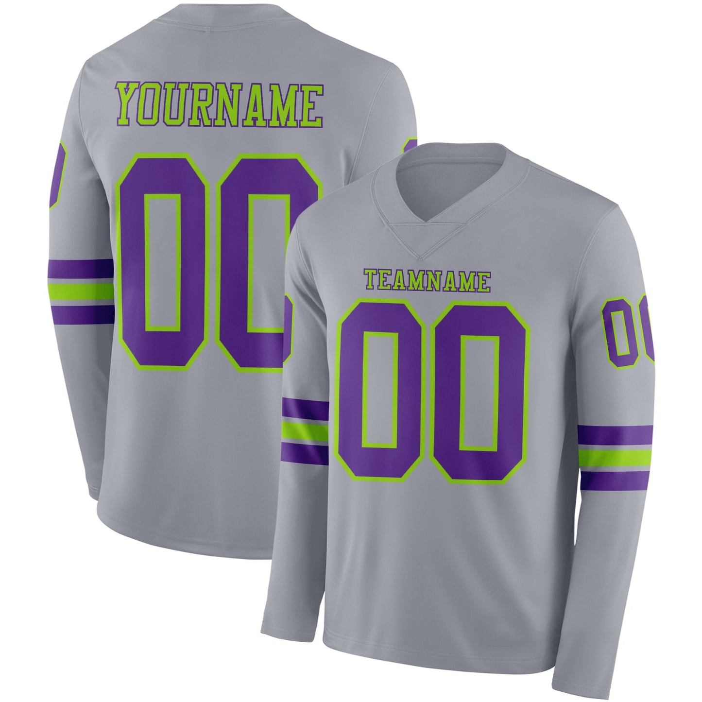 Custom Gray Purple-Neon Green Long Sleeve Authentic Football Jersey - Main View