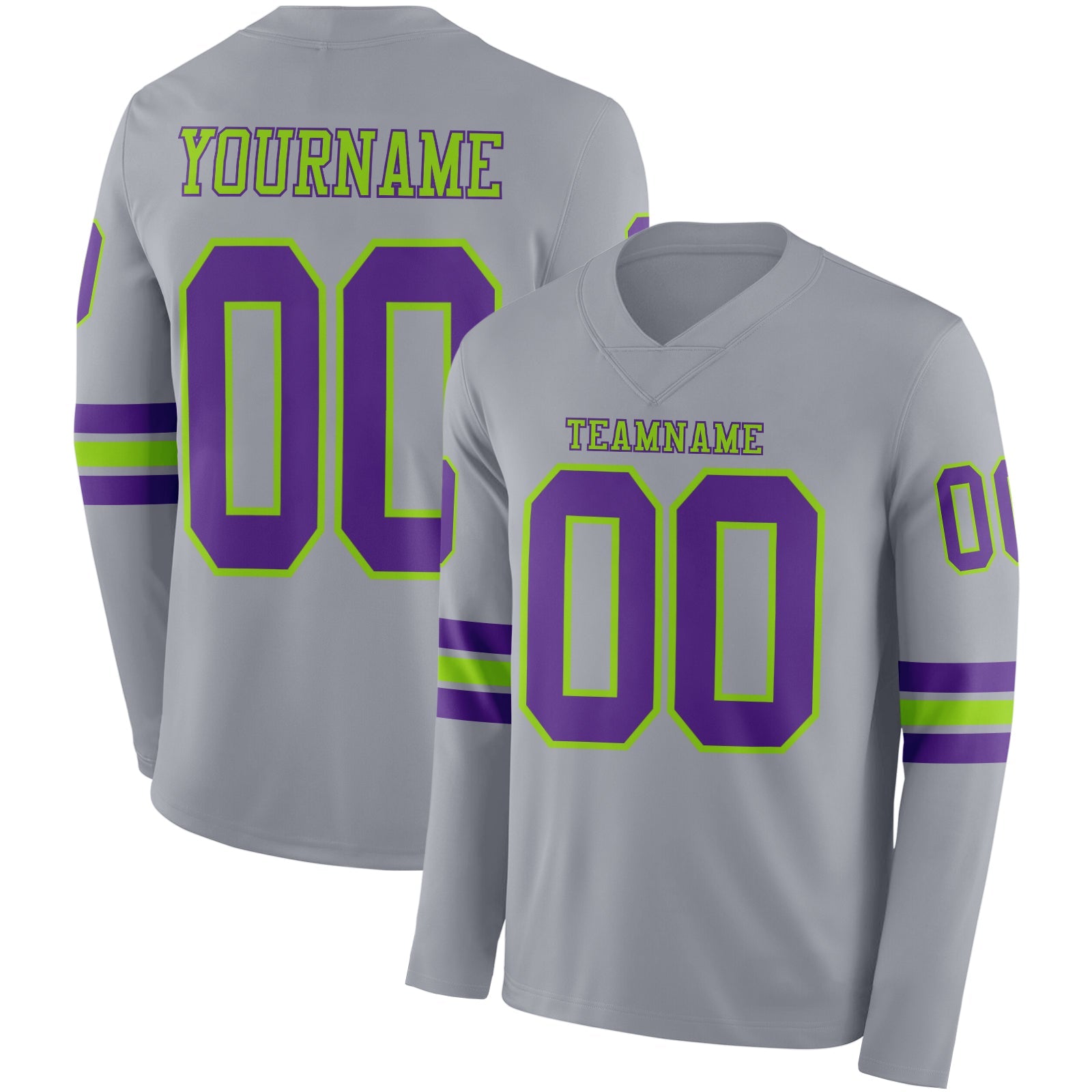 Custom Gray Purple-Neon Green Long Sleeve Authentic Football Jersey - Main View