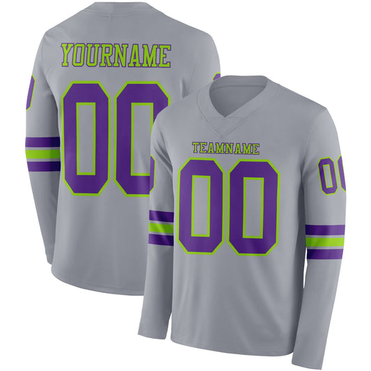 Custom Gray Purple-Neon Green Long Sleeve Authentic Football Jersey - Main View