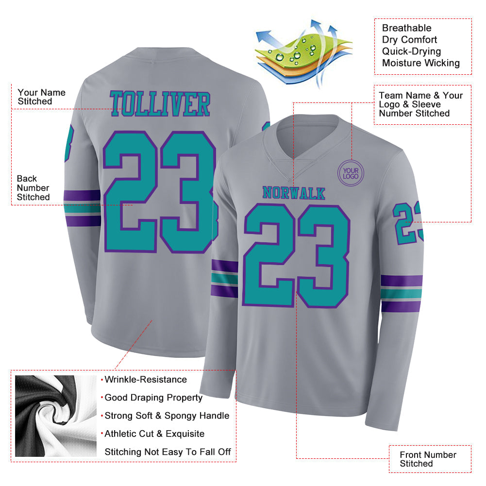 Custom Gray Teal-Purple Long Sleeve Authentic Football Jersey view 2