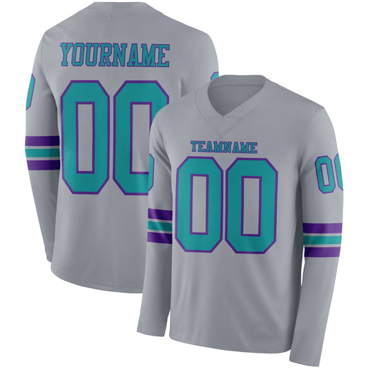 Custom Gray Teal-Purple Long Sleeve Authentic Football Jersey - Main View