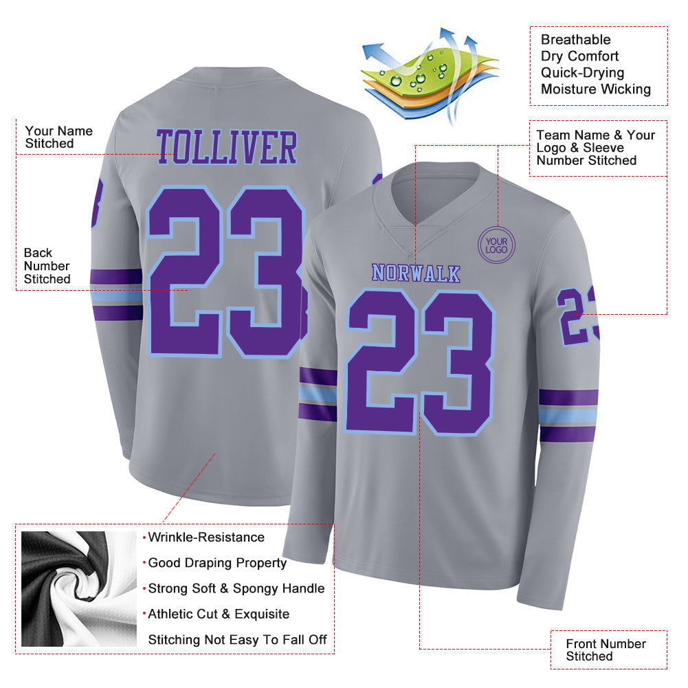 Custom Gray Purple-Light Blue Long Sleeve Authentic Football Jersey view 2