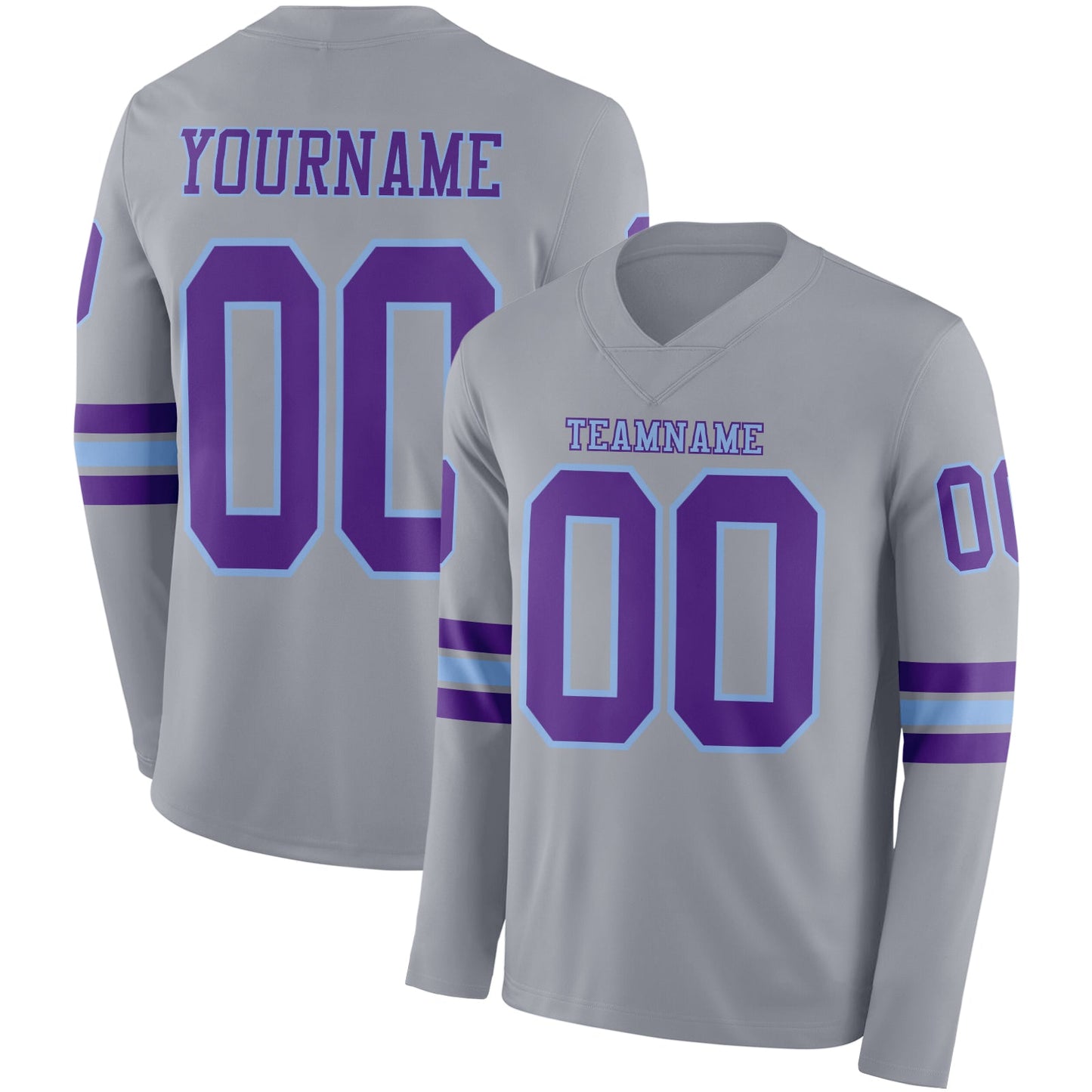Custom Gray Purple-Light Blue Long Sleeve Authentic Football Jersey - Main View