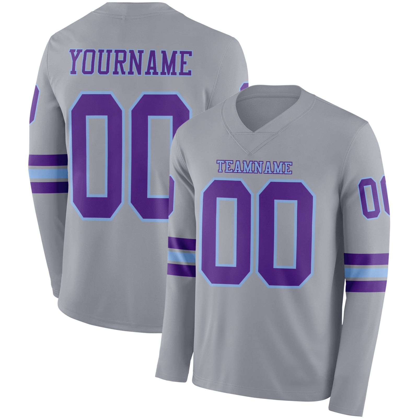 Custom Gray Purple-Light Blue Long Sleeve Authentic Football Jersey - Main View