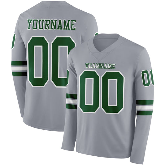 Custom Gray Green-White Long Sleeve Authentic Football Jersey - Main View