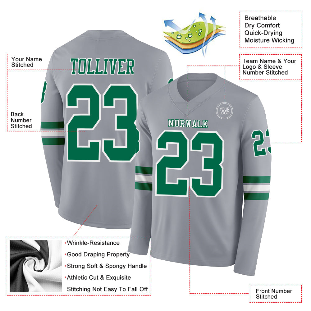 Custom Gray Kelly Green-White Long Sleeve Authentic Football Jersey view 2