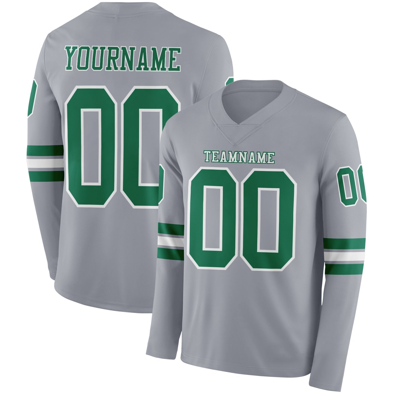 Custom Gray Kelly Green-White Long Sleeve Authentic Football Jersey - Main View