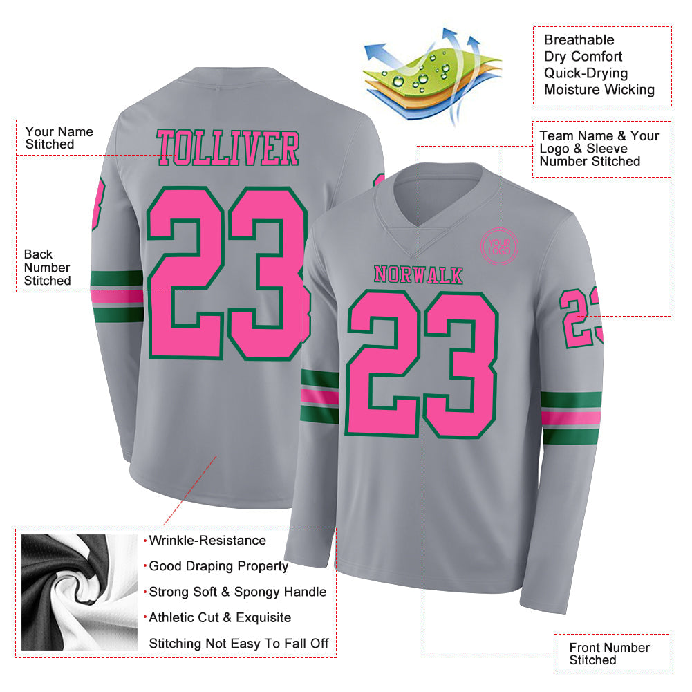 Custom Gray Pink-Kelly Green Long Sleeve Authentic Football Jersey view 2