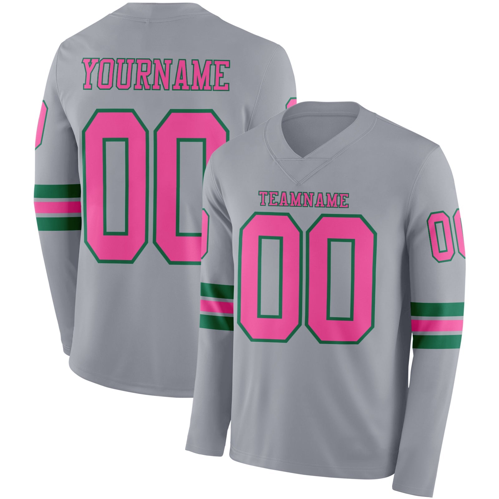 Custom Gray Pink-Kelly Green Long Sleeve Authentic Football Jersey - Main View