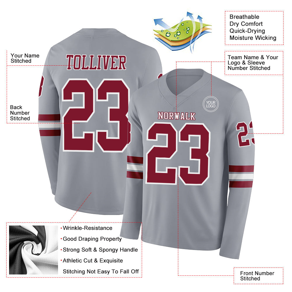 Custom Gray Crimson-White Long Sleeve Authentic Football Jersey view 2