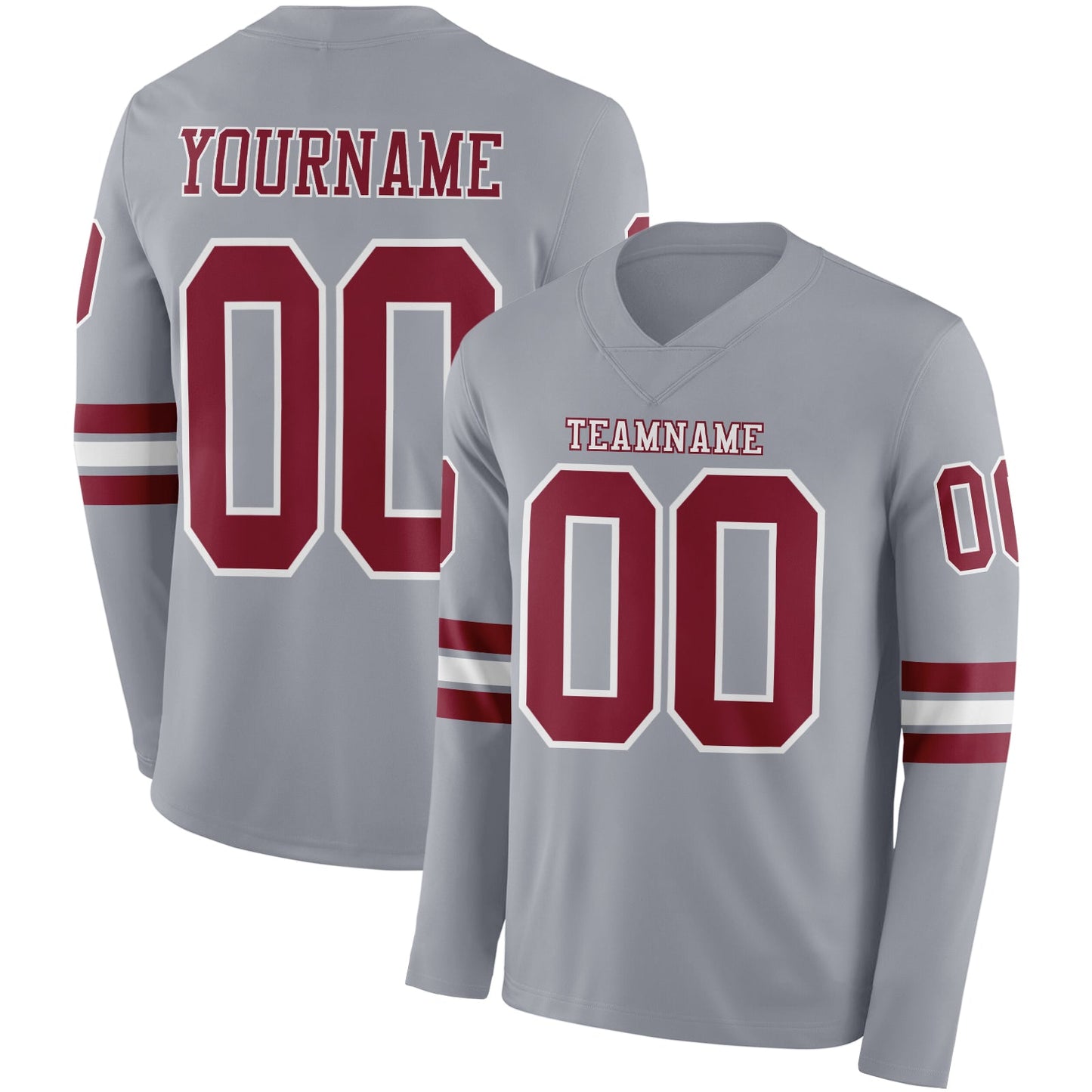 Custom Gray Crimson-White Long Sleeve Authentic Football Jersey - Main View