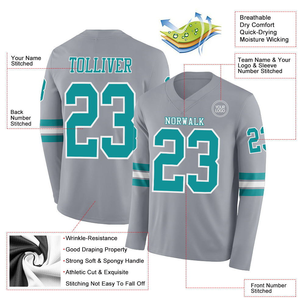 Custom Gray Teal-White Long Sleeve Authentic Football Jersey view 2