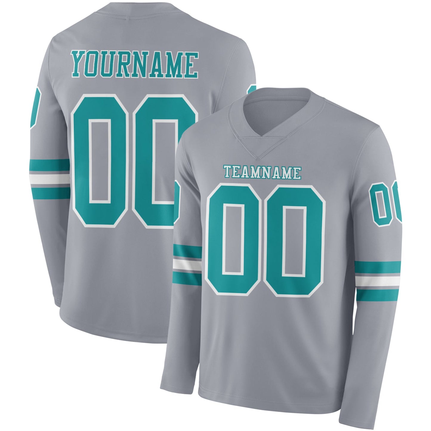 Custom Gray Teal-White Long Sleeve Authentic Football Jersey - Main View