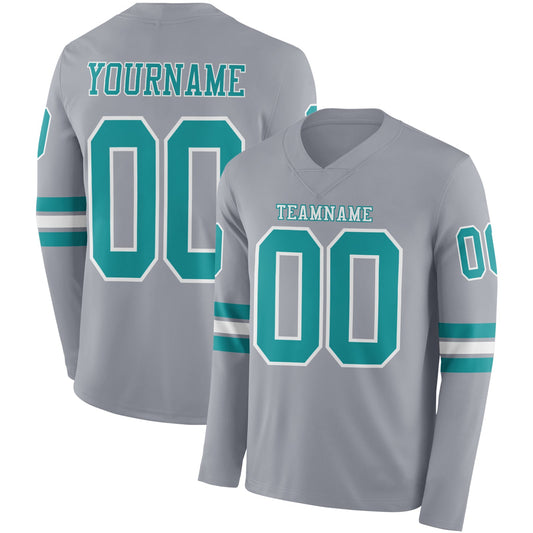 Custom Gray Teal-White Long Sleeve Authentic Football Jersey - Main View