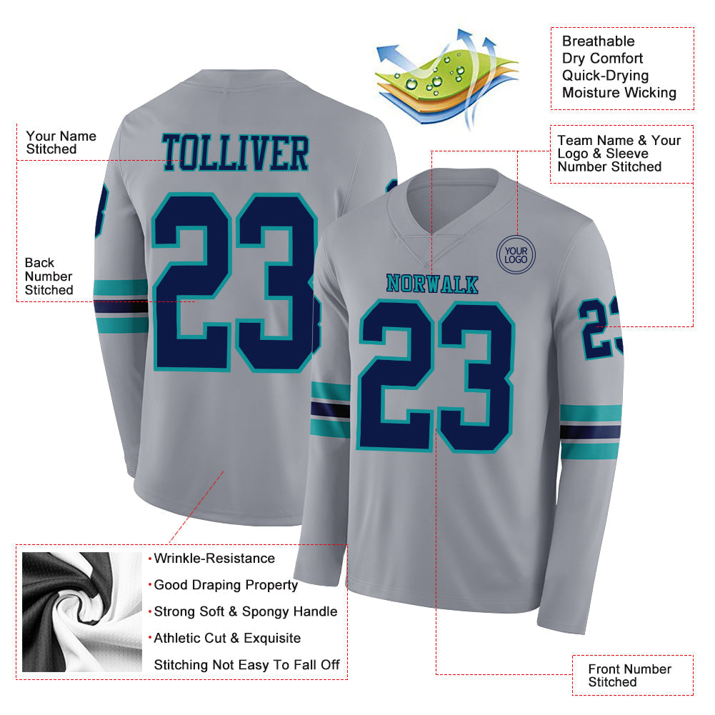 Custom Gray Navy-Teal Long Sleeve Authentic Football Jersey view 2