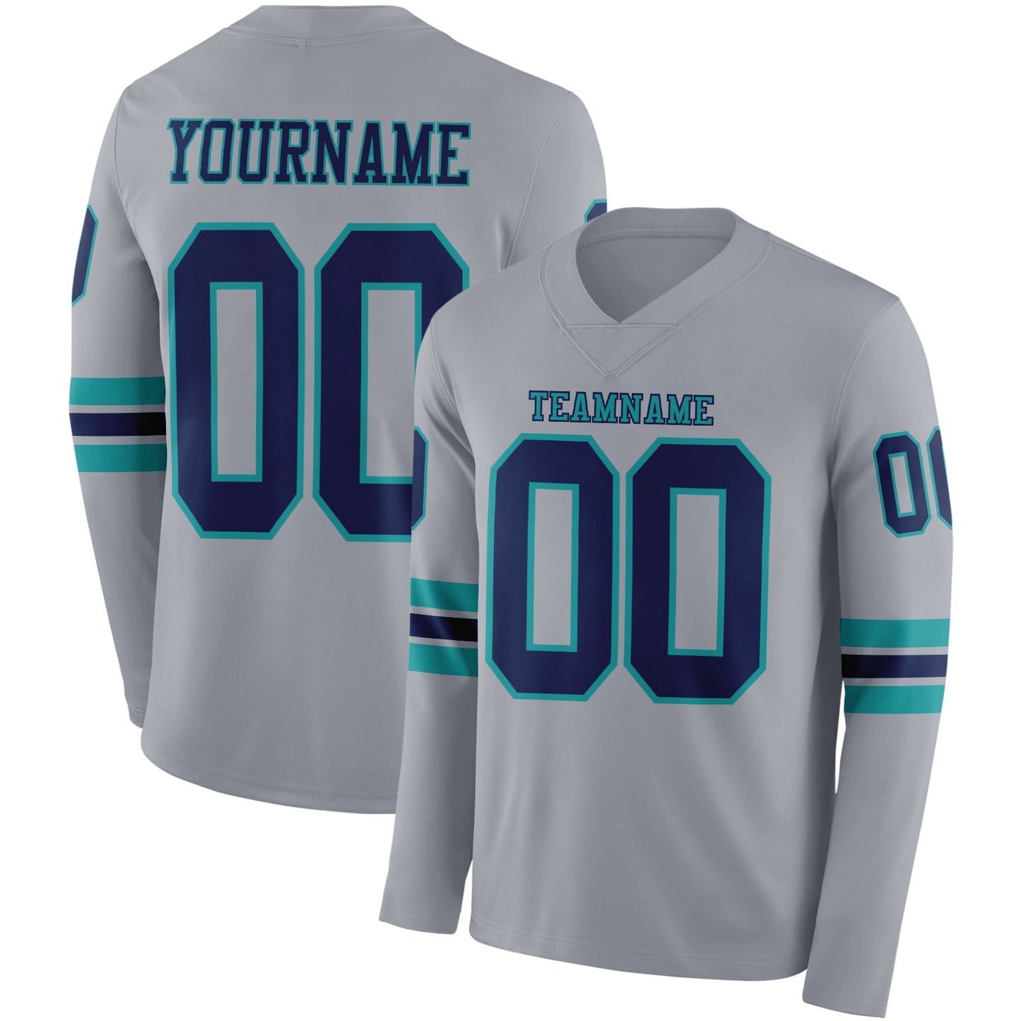 Custom Gray Navy-Teal Long Sleeve Authentic Football Jersey - Main View