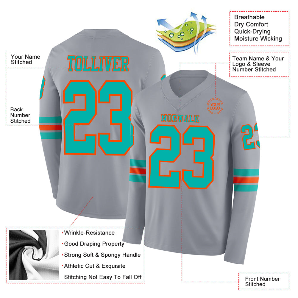 Custom Gray Aqua-Orange Long Sleeve Authentic Football Jersey view 2