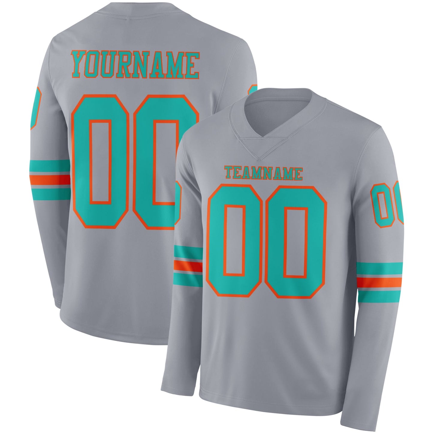 Custom Gray Aqua-Orange Long Sleeve Authentic Football Jersey - Main View