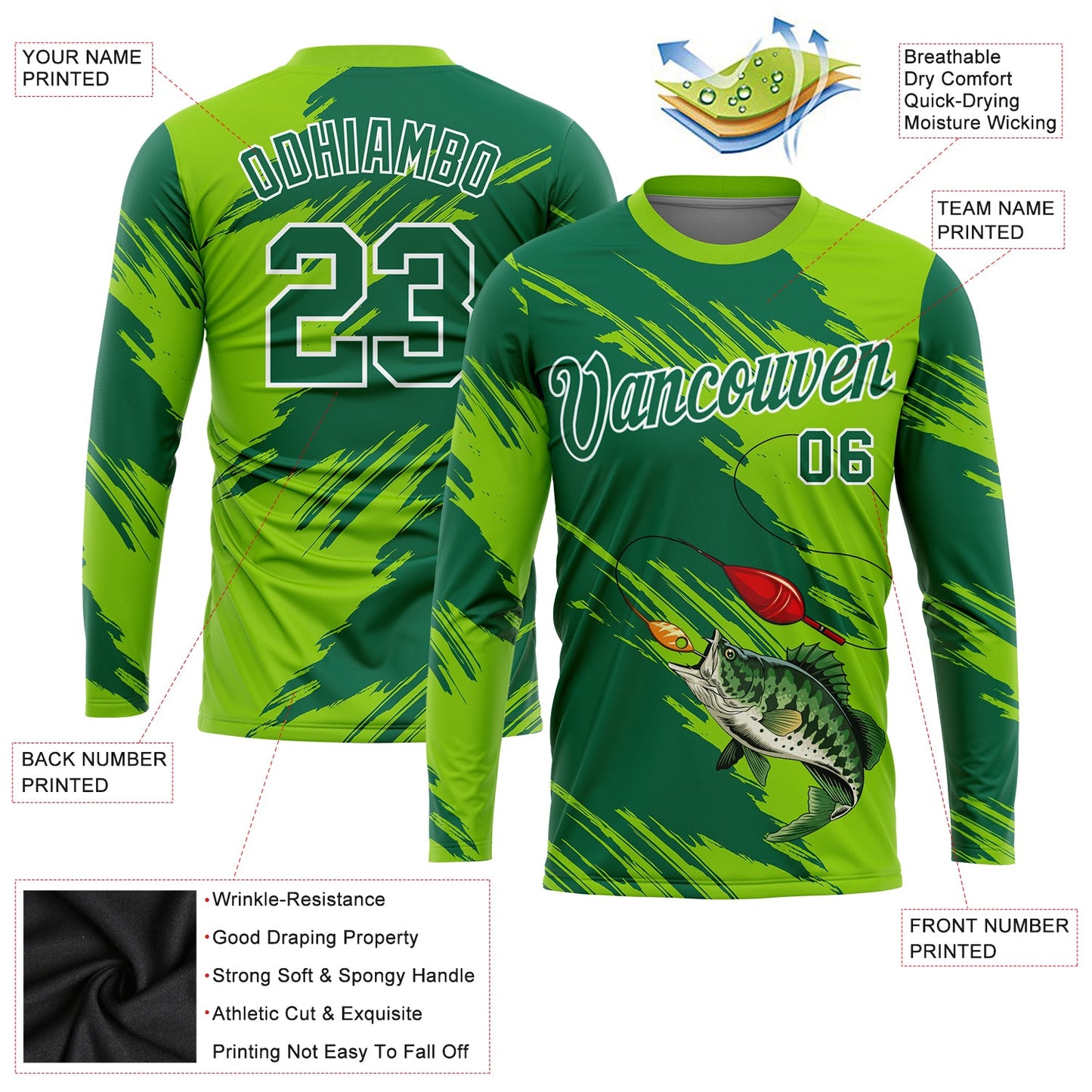 Custom Neon Green Kelly Green-White Fishing Bass Fish Long Sleeve Performance T-Shirt view 2