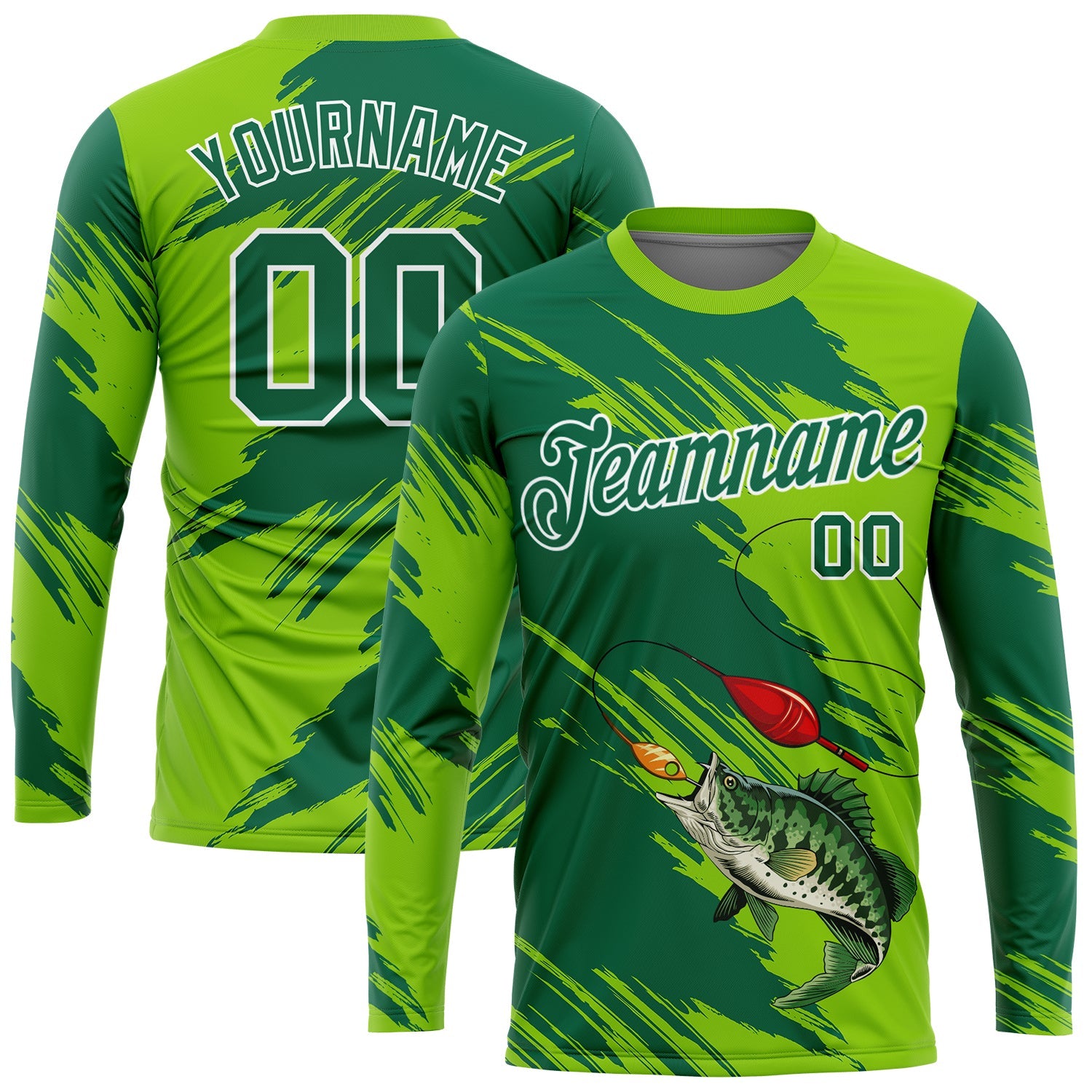 Custom Neon Green Kelly Green-White Fishing Bass Fish Long Sleeve Performance T-Shirt - Main View